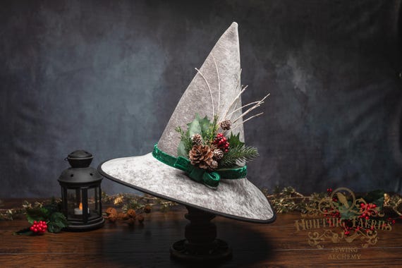 Sparrow~ Silver Yule Witch Hat: With Seasonal Woodland Decoration