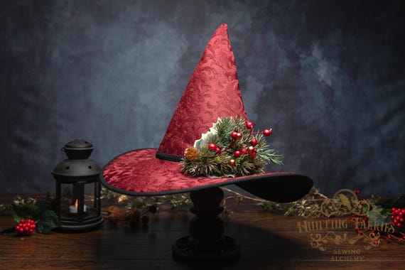 Yule Witch Hat in Red with Festive Holly and Evergreen Decoration