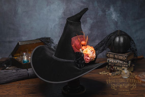 Hester~ Black Velvet Witch Hat: Crooked Cone with Bow and Orange Floral Decoration