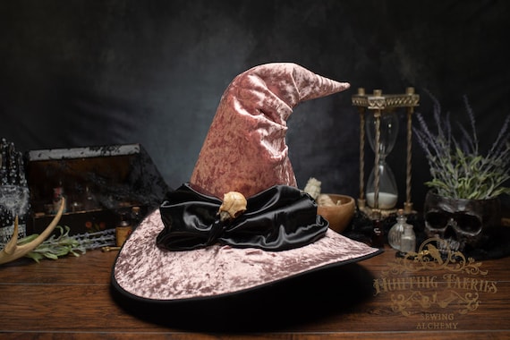 Calla the Witch Hat in Pink Crushed Velvet with Crow Skull