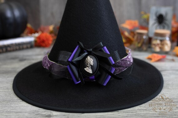 Hazel Witch Hat in Black Felt, Short Coned hat, wired brim, Ribbon Bow with Cameo, Petite witch hat, dark academia witch hat, ren faire hat