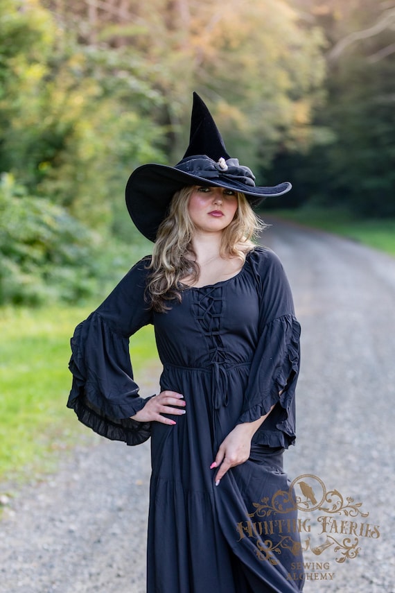 Adeline Black Velvet Witch Hat: Silk Scarf, Bat Skull Cameo, Ren Faire/Halloween Costume