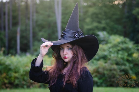 Magpie Black Felt Witch Hat: Wide Brim, Cameo Pin, Halloween/Ren Faire Costume