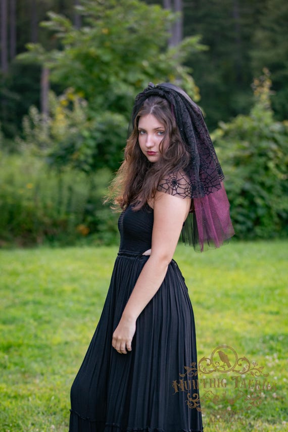 Black and Burgundy Spider Web Veil with Bow Pin, Victorian Mourning Veil, Goth Veil, Wedding Veil, Halloween Costume, Vampire Veil
