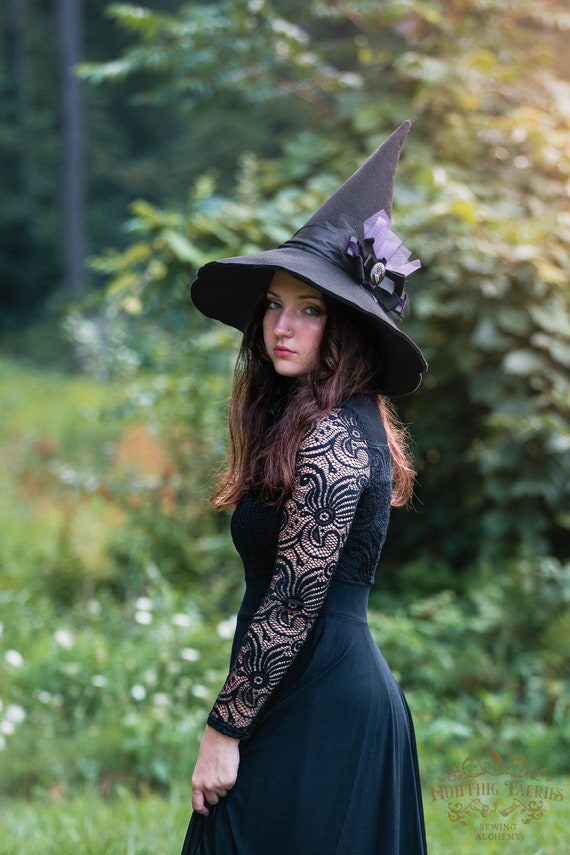 Phoebe Black Felt Witch Hat with Purple Velvet Ribbon and Cameo