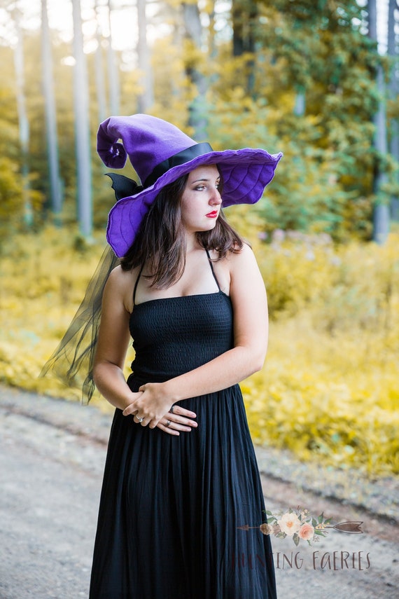 Estella the Curl Back Purple Witch Hat in felt, crooked witch hat, ren faire hat, hedge witch hat, classic witch hat, wizard hat