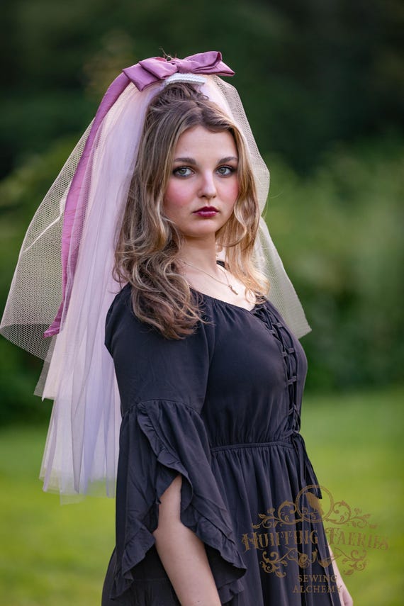 Camellia Pink Tulle Veil: Victorian Halloween Costume Headpiece