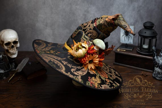 Witch Hat ~Autumn~ Crooked, Black and Gold Floral Brocade with Floral accent