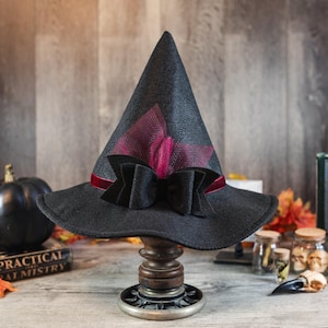 Hagatha~ Petite Black Felt Witch Hat with Burgundy Ribbon: Halloween Costume