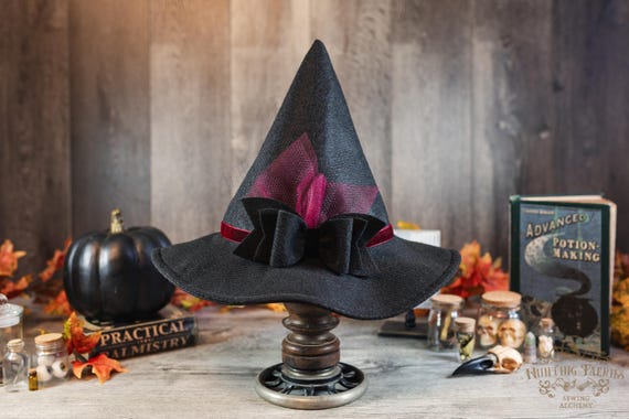 Hagatha the Short Coned Witch Hat in Black Felt with Burgundy ribbon, petite witch hat, dark academia witch hat, ren faire, modern witch hat