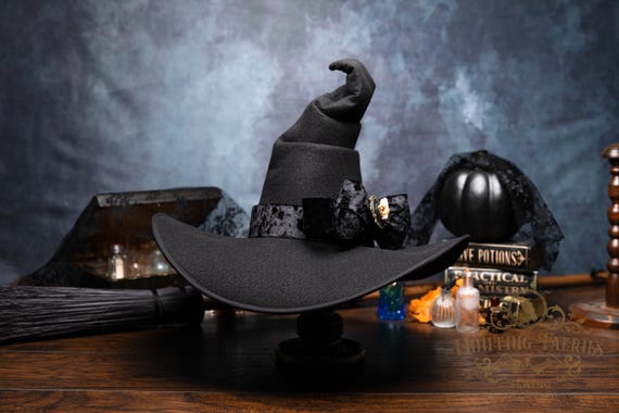 Noctule Felt Crooked Witch Hat: Crushed Velvet Band with Bow and Bat Skull Cameo, Wide Brim, Halloween/Ren Faire Costume