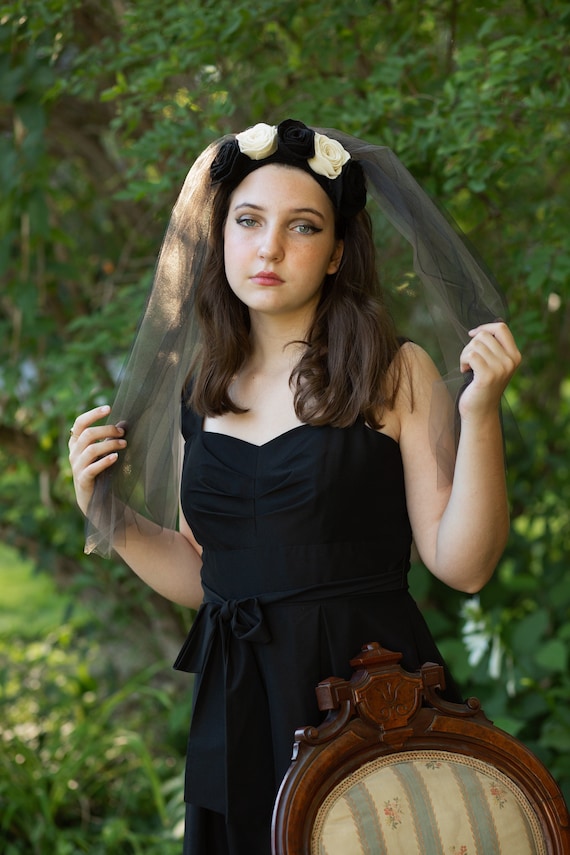 Day of the Dead Headpiece with Black and White Roses