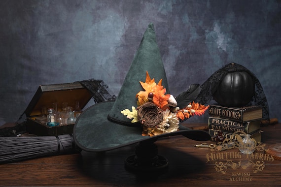 Adeline~Green Faux Suede Witch Hat: Forest Witch, With Birds Nest, Mushroom, Feather, and Autumn Foliage Decor
