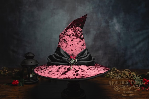 Sparrow~ Yule Crooked Witch Hat in Fig: With Hand Embroidered Mistletoe Brooch