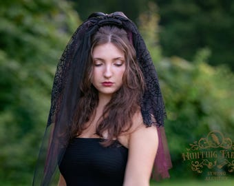 Black Spiderweb & Burgundy Veil, Bow Pin, Victorian Mourning Veil, Goth Veil, Wedding Veil, Halloween Costume Headpiece, Vampire Veil