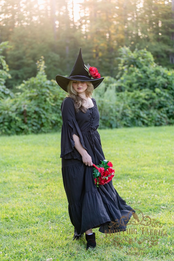 Adeline Black Velvet Witch Hat: Red Flower Rhinestone Band, Halloween/Ren Faire Costume