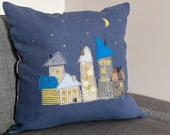 Hand-embroidered cushion cover - Linen Pillow Case - Handmade cushion with a night city in bohemian Style - Throw Pillows