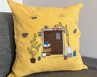 Hand-Embroidered Linen Pillow Cover: Rustic Barn Door Design