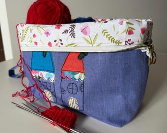 Hand Embroidered Linen Knitting Project Bag, Yarn Storage Bag with Zipper, Sock Project Pouch, Gift for Knitters