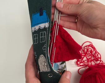 Handmade DPN Holder: Embroidered House Knitting Needle Case