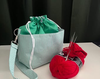 Handmade Cotton Knitting Project Bag: Adjustable Strap, Drawstring Closure