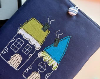 Book Sleeve with Pocket, Kindle Case, Quilted Book Cover, Cotton Book Pouch, Embroidered Book Sleeve, Gift for Book Lovers