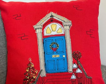 Handmade Embroidered Christmas Pillow Cover: Festive Door Design, Red Linen Cushion (18x18)