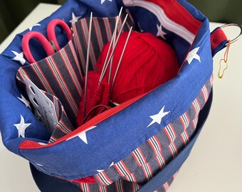 Knitting Project Bag with Pockets, USA Patriotic Yarn Storage Tote, Crochet Drawstring Bag, Gift for Knitters and Crocheters