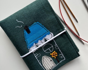 Handmade Knitting Needle Organizer: Green Linen Case with Embroidery