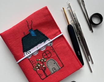 Red Linen Knitting Needle Organizer: Handmade Compact Crochet Hook Case