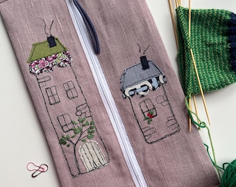Linen Knitting Project Bag: Handmade Cotton Organizer with Zipper