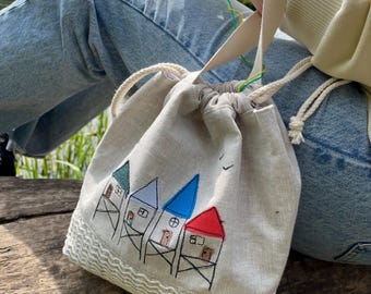 Knitting Project Bag Drawstring, Yarn Storage Bag with Pockets, Handmade Embroidered Crochet Project Bag, Gift for Knitters