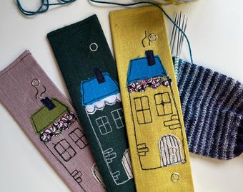 Handmade DPN Holder: Embroidered House Linen Knitting Needle Case