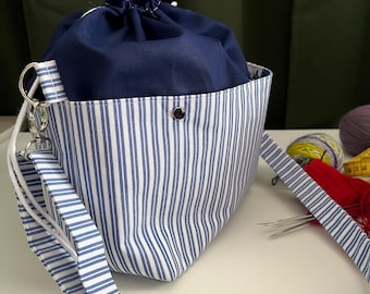 Striped Cotton Knitting Project Bag: Drawstring Organizer with Pockets - Size S/M