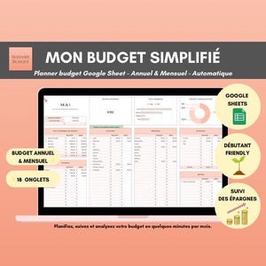 Peut inclure: Un planificateur de budget numérique affiché sur un écran d'ordinateur portable avec un fond pêche. L'interface présente des tableaux pour les dépenses, l'épargne et les revenus, avec le texte MON BUDGET SIMPLIFIE, MAI et diverses catégories.