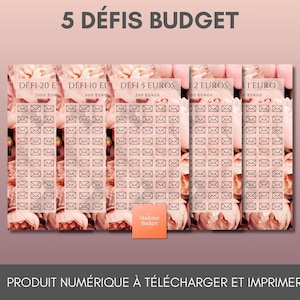 Peut inclure: Un téléchargement numérique présentant cinq défis budgétaires, chacun avec un objectif d'épargne différent. Les défis sont étiquetés avec des montants en euros et comprennent une grille d'enveloppes pour suivre l'épargne. Le texte "5 DÉFIS BUDGET" est en haut.