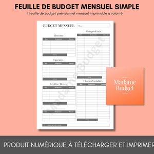Puede incluir: Hoja de presupuesto mensual imprimible en blanco y negro, con secciones para ingresos, ahorros, créditos/deudas y gastos fijos/variables. Incluye el texto "BUDGET MENSUEL" y la marca "Madame Budget".
