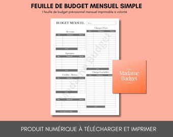 Feuille de Budget Mensuel Simple - Téléchargement Numérique