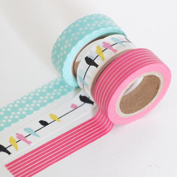 Put a Bird On It washi tape set of 3, pink, blue, and yellow washi tape Japanese masking tape craft supply