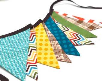 Multicolor, teal, green fabric triangle banner, fabric bunting, baby nursery decor, baby shower decoration, Fall Autumn Decor