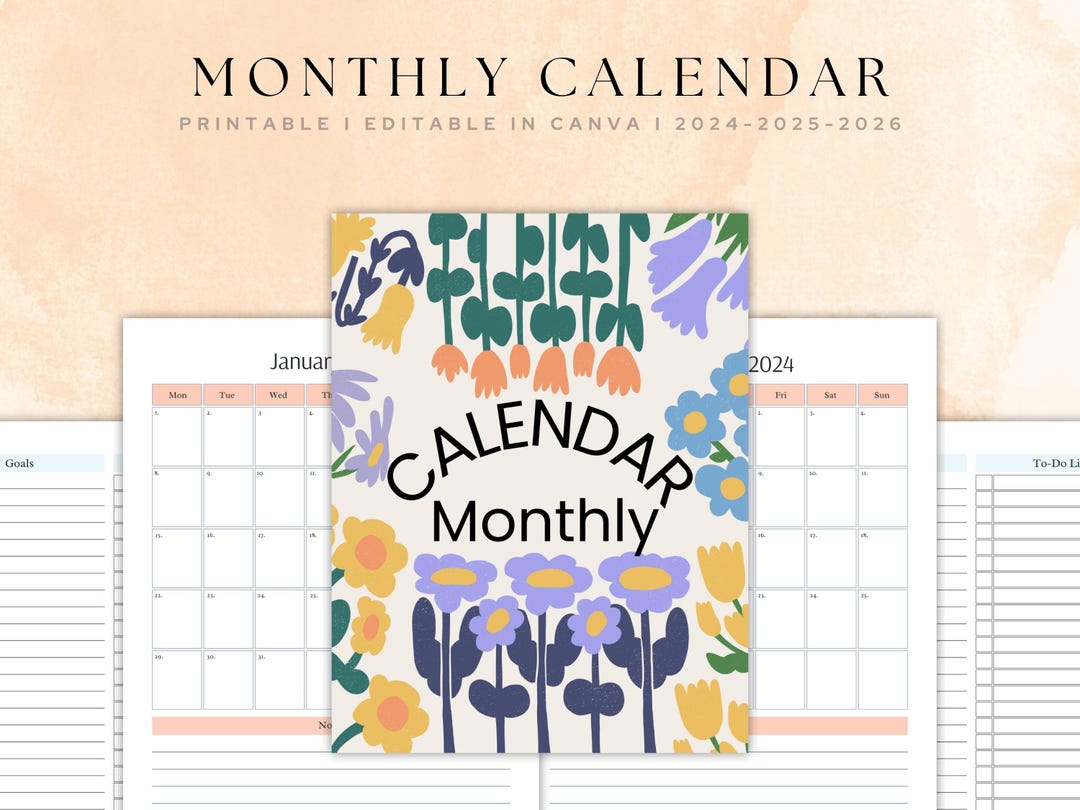 Printable Monthly Calendar, Dated Monthly Calendar I 2024, 2025, 2026 I ...