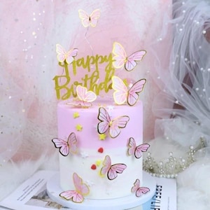 Gold Butterfly Happy Birthday Cake Topper – 3D Pink & Purple Butterflies Party Decor – Elegant Birthday Cake Decoration for Girls, Teens