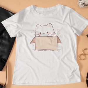Anime Cat in Box Unisex Tee, Kawaii Kitty Shirt, Cute Cartoon Feline Top, Japanese Style T-Shirt, Funny Cat Lover Gift, Animal Graphic Tee
