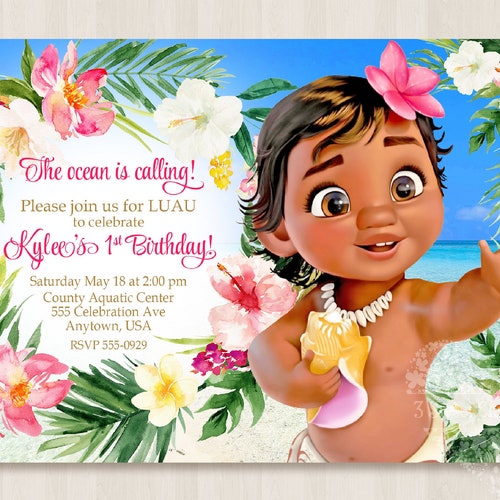 10 Printed Baby Moana Invitations With Envelopes Girl 1st Etsy