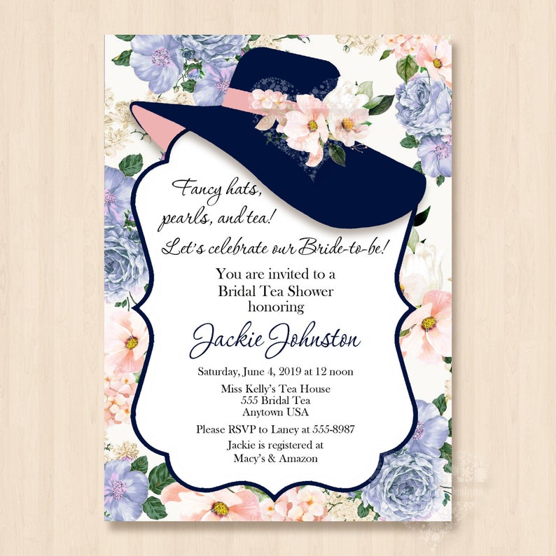 10 PRINTED Big Fancy Hat Tea Pearls Floral Invitation with Etsy