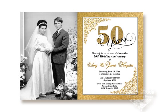 50e anniversaire de mariage Invitation personnalisée noir or | Etsy