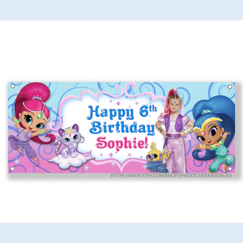 Shimmer and Shine Birthday Party Personalized Vinyl Banner with Picture Photo 2x5 FEET **FREE SHIPPING