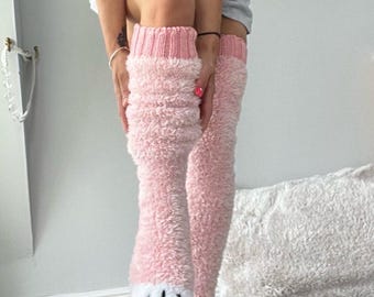 Fur paws socks hand knitted 30”