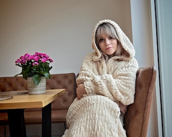 Unisex Chunky Knit Floor Length Cardigan, Oversized Hooded Beige Sweater, Boho Maxi Coat