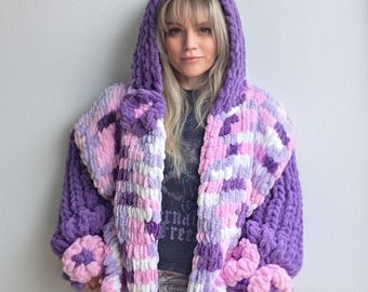 Chunky Knit Hooded Cardigan with 3D Flowers – Plush Purple Yarn Coat